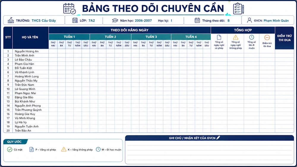 Bảng chuyên cần cho THCS/THPT
