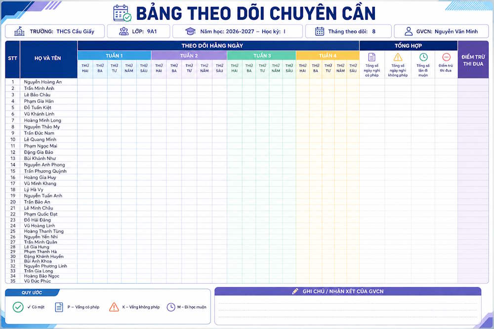 Prompt tạo bảng chuyên cần cấp 2