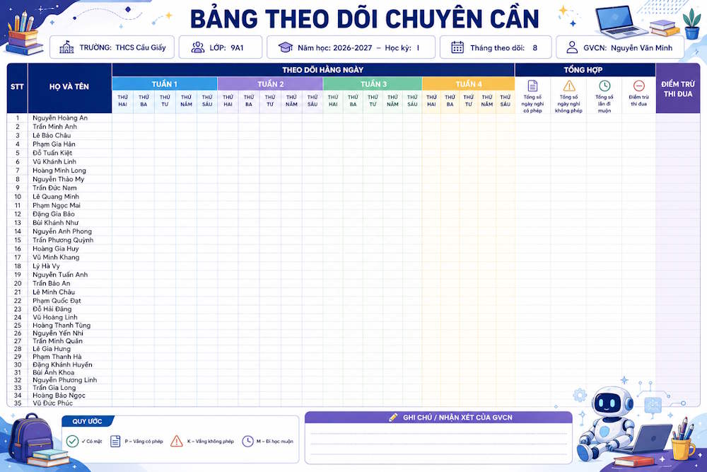 Bảng chuyên cần cho THPT