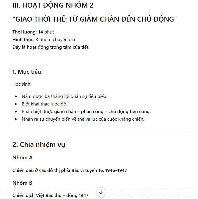 Nội dung hoạt động môn Sử