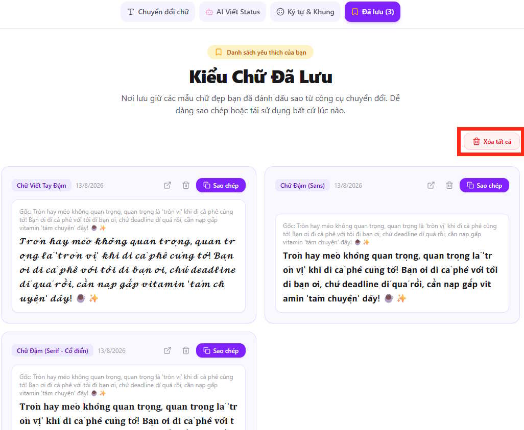 Quản lý đã lưu trên FancyText Studio