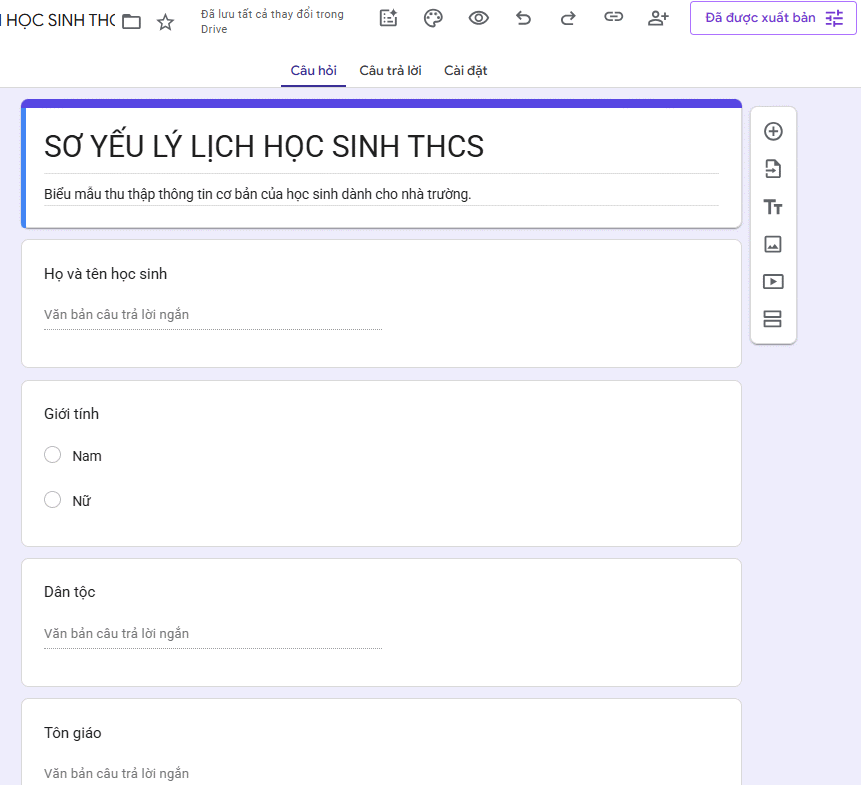 Student biographical form in Google Forms