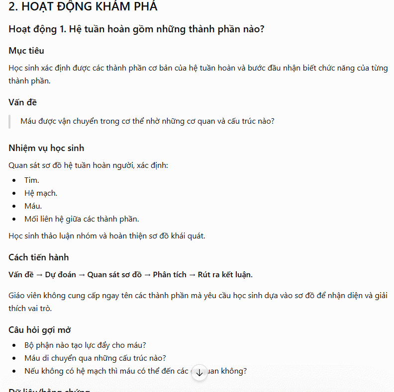 Nội dung hoạt động khám phá KHTN