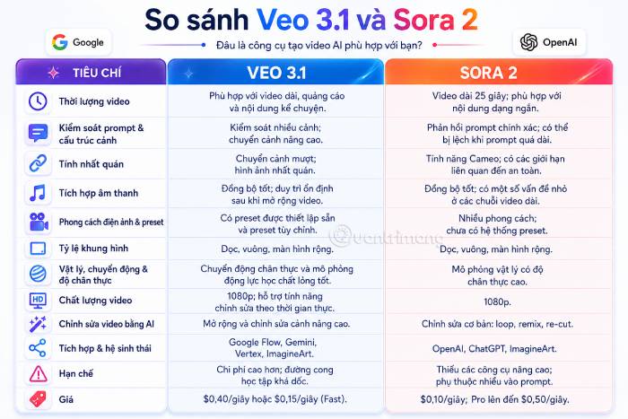 Bảng so sánh tổng quan Google Veo và OpenAI Sora