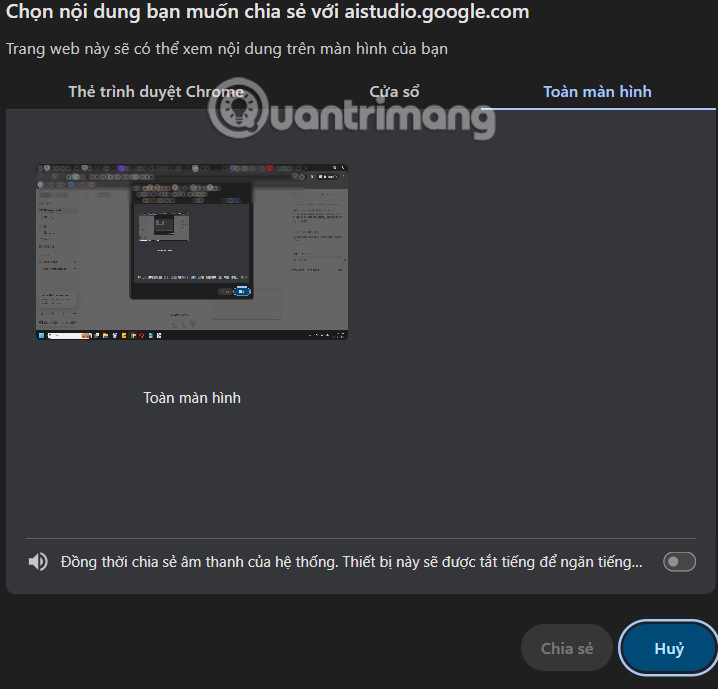 Chọn màn hình chia sẻ trên Google AI Studio