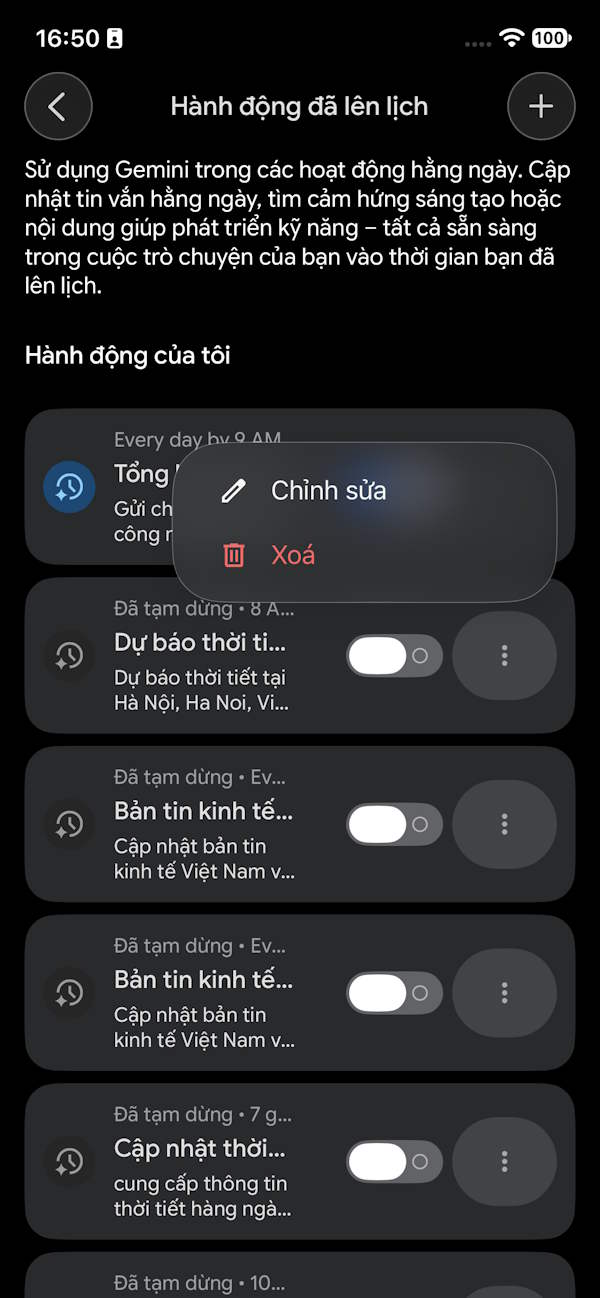Tùy chỉnh hoạt động đã lên lịch
