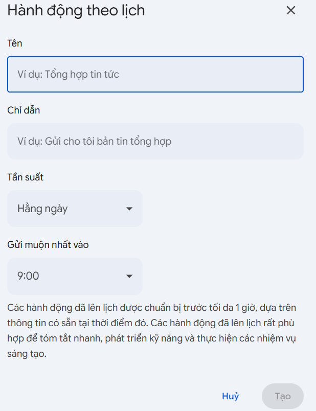 Nội dung hoạt động lên lịch trên Gemini