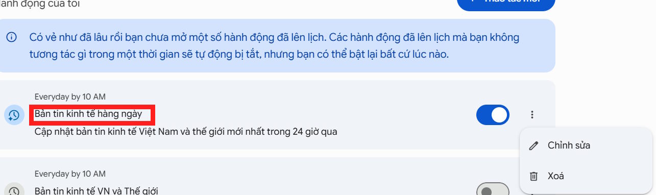 Tùy chọn hoạt động lên lịch trên Gemini