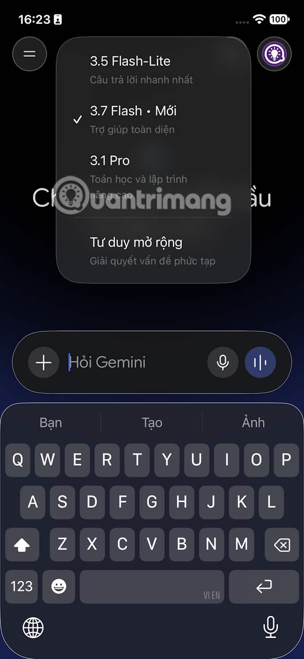 Chọn model hoạt động trên Gemini