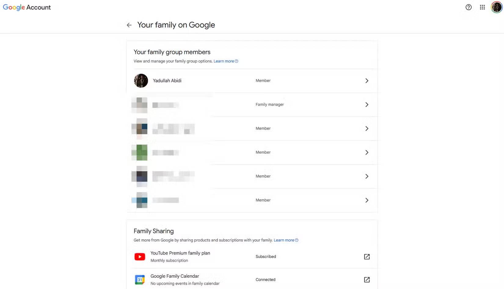 Trang Google One hiển thị các thành viên trong gia đình