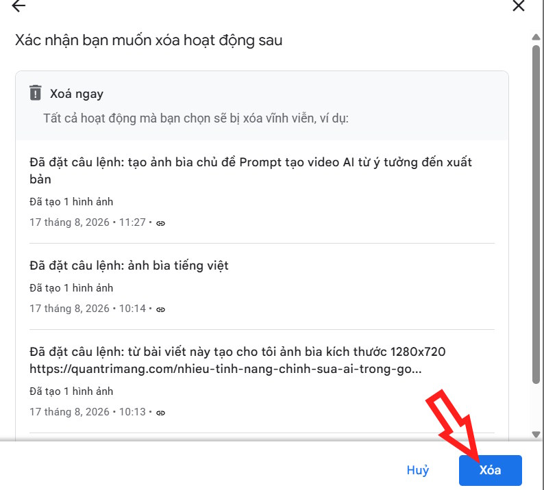 Xóa toàn bộ hoạt động trên Gemini