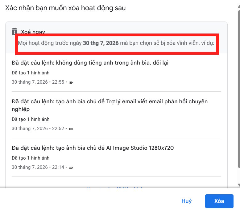 Chọn khoảng thời gian xóa hoạt động trên Gemini