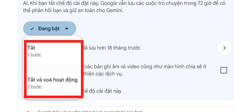 Tắt lưu hoạt động của bạn trên Gemini
