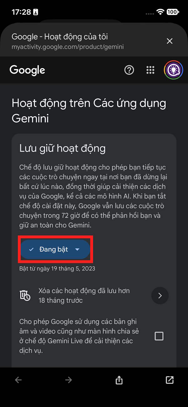 Lưu hoạt động trên Gemini