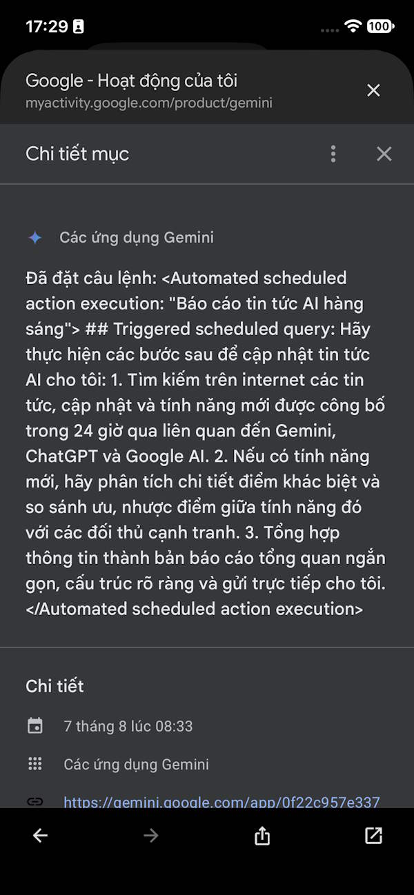 Xem chi tiết hoạt động trên Gemini