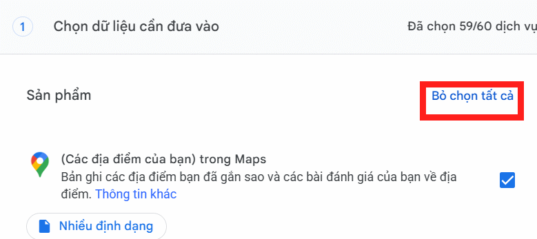 Chọn lại dữ liệu trên Google Takeout
