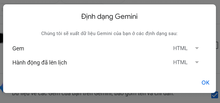 Chọn định dạng tải Gemini Gems trên Google Takeout