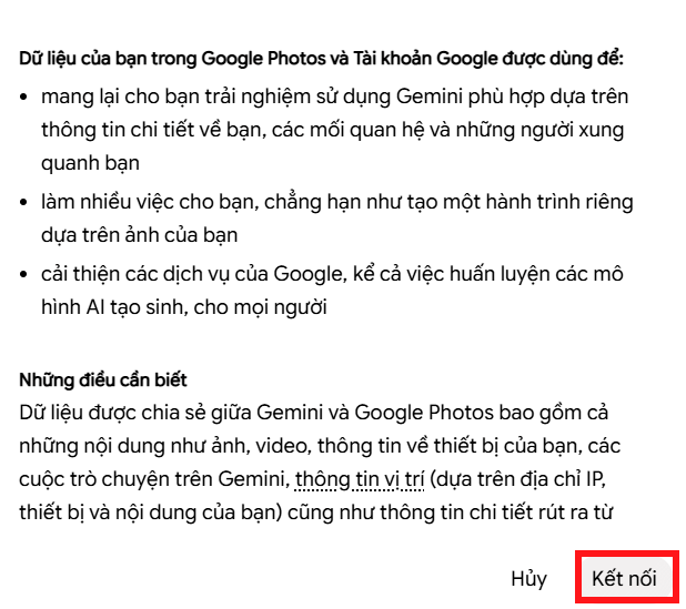 Thông tin kết nối ứng dụng với Gemini