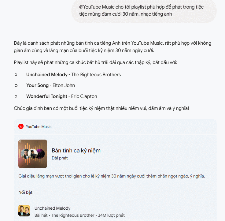 Tìm playlist nhạc YouTube Music trên Gemini
