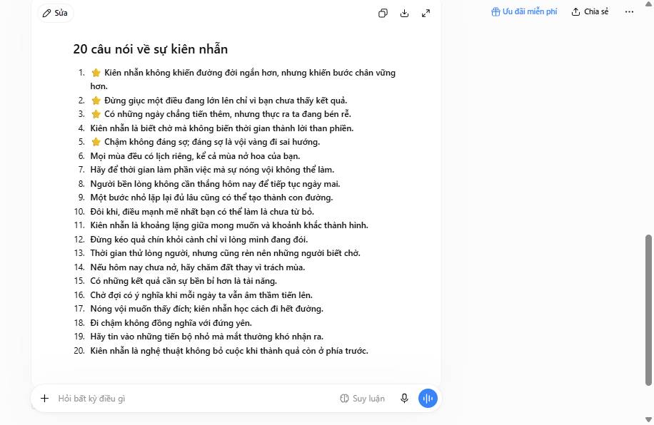 ChatGPT đã tạo ra các câu trích dẫn Instagram về sự kiên nhẫn.
