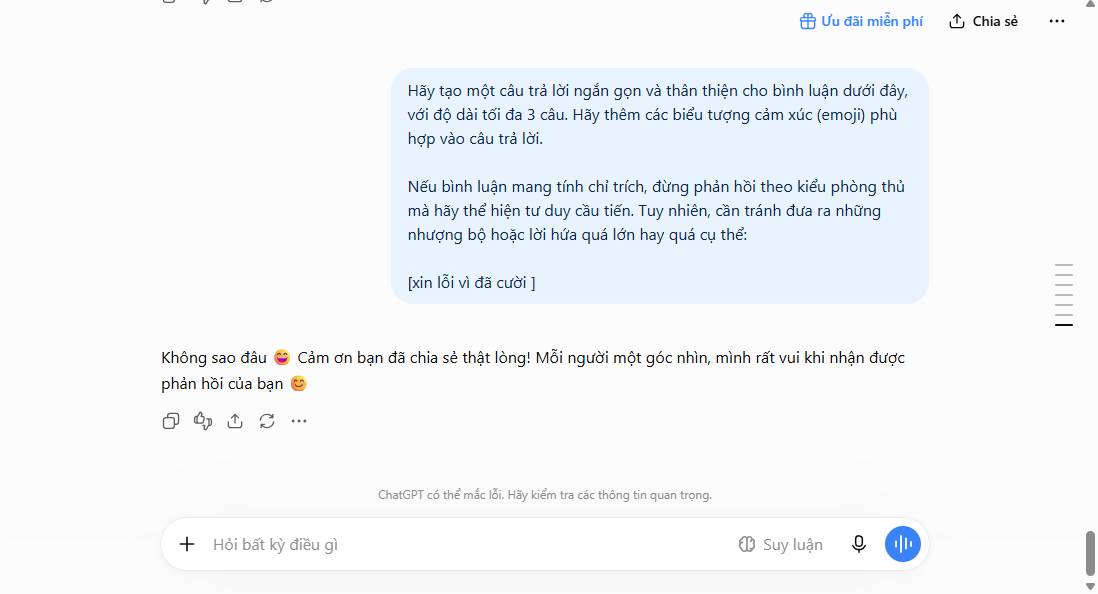 ChatGPT phản hồi bình luận trên Instagram