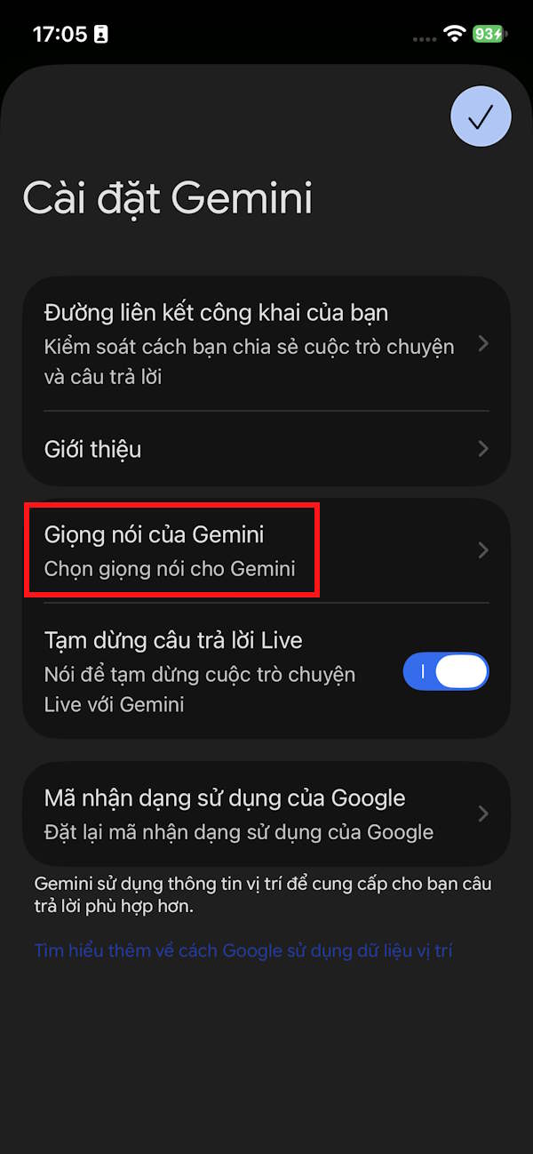 Đổi giọng nói Gemini Live