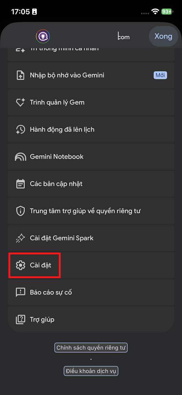 Truy cập Cài đặt Gemini
