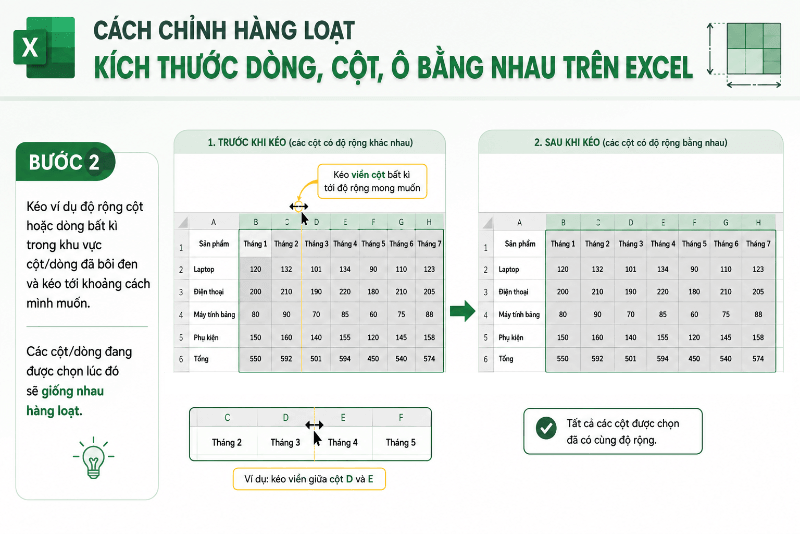 Kéo độ động dòng hoặc cột theo kích thước mong muốn