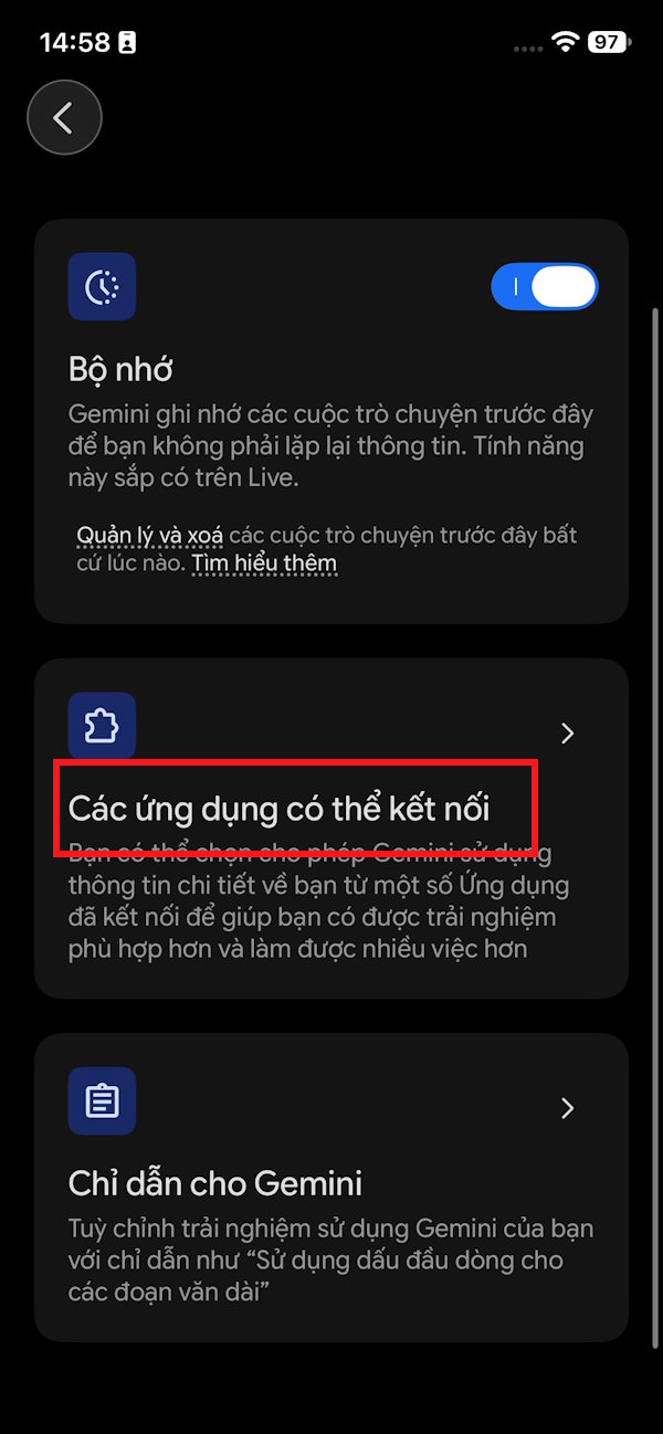 Ứng dụng kết nối trên Gemini