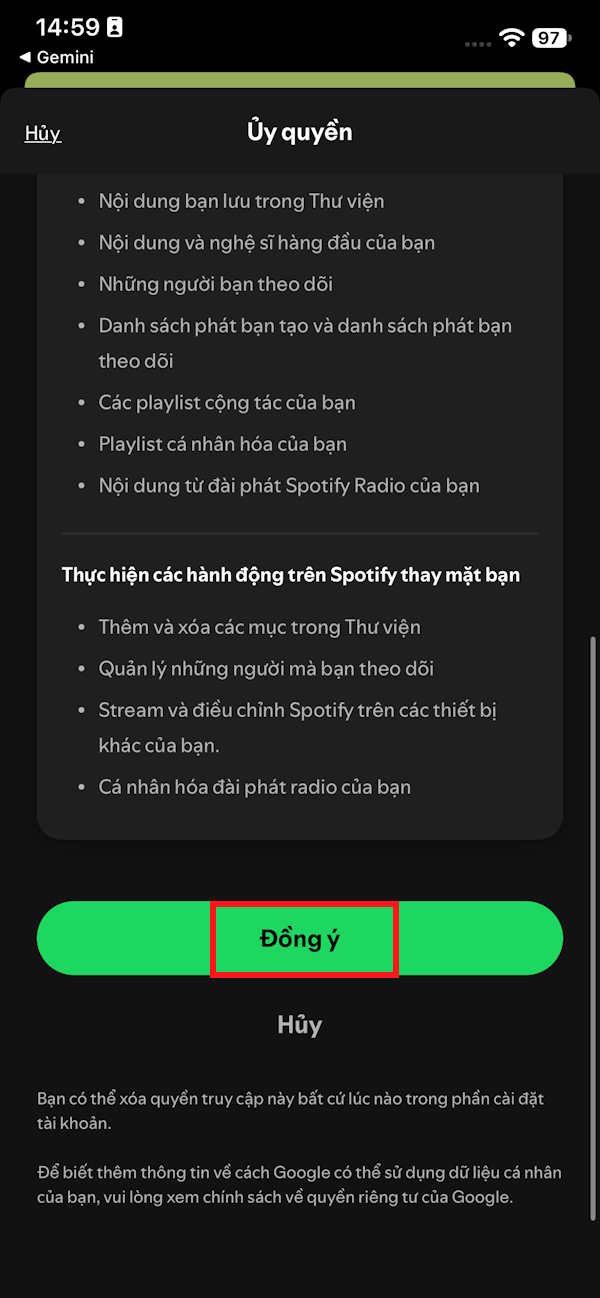 Yêu cầu kết nối Spotify với Gemini
