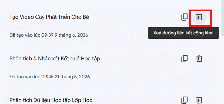 Xóa link chia sẻ đoạn chat Gemini