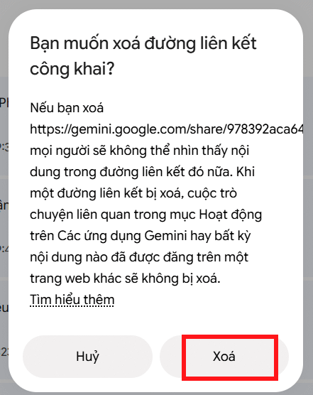 Xác nhận xóa link chia sẻ đoạn chat Gemini