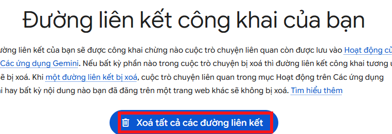 Xóa tất cả liên kết chia sẻ trên Gemini