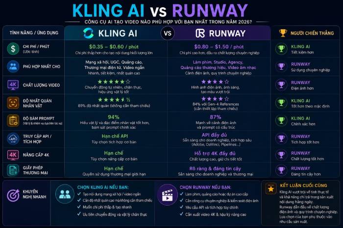 So sánh chi tiết các tính năng tạo video AI của Kling và Runway