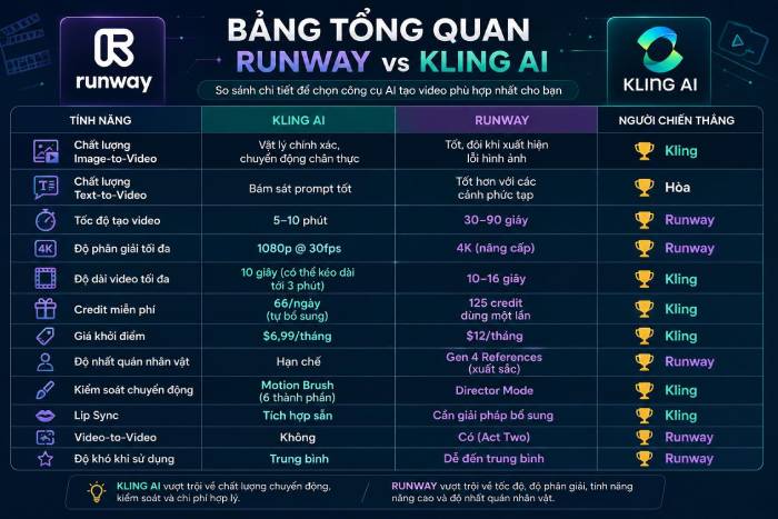 Bảng tổng quan sự khác biệt giữa Kling AI và Runway