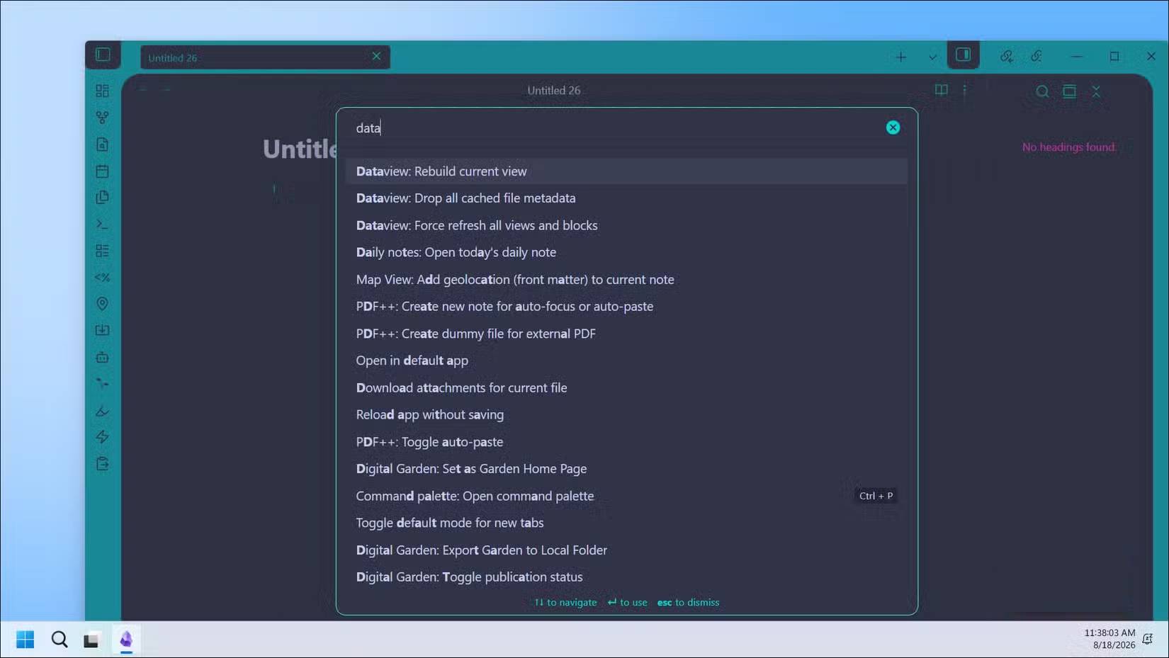 Kết quả tìm kiếm cho "dataview" trong bảng lệnh (command palette) của Obsidian
