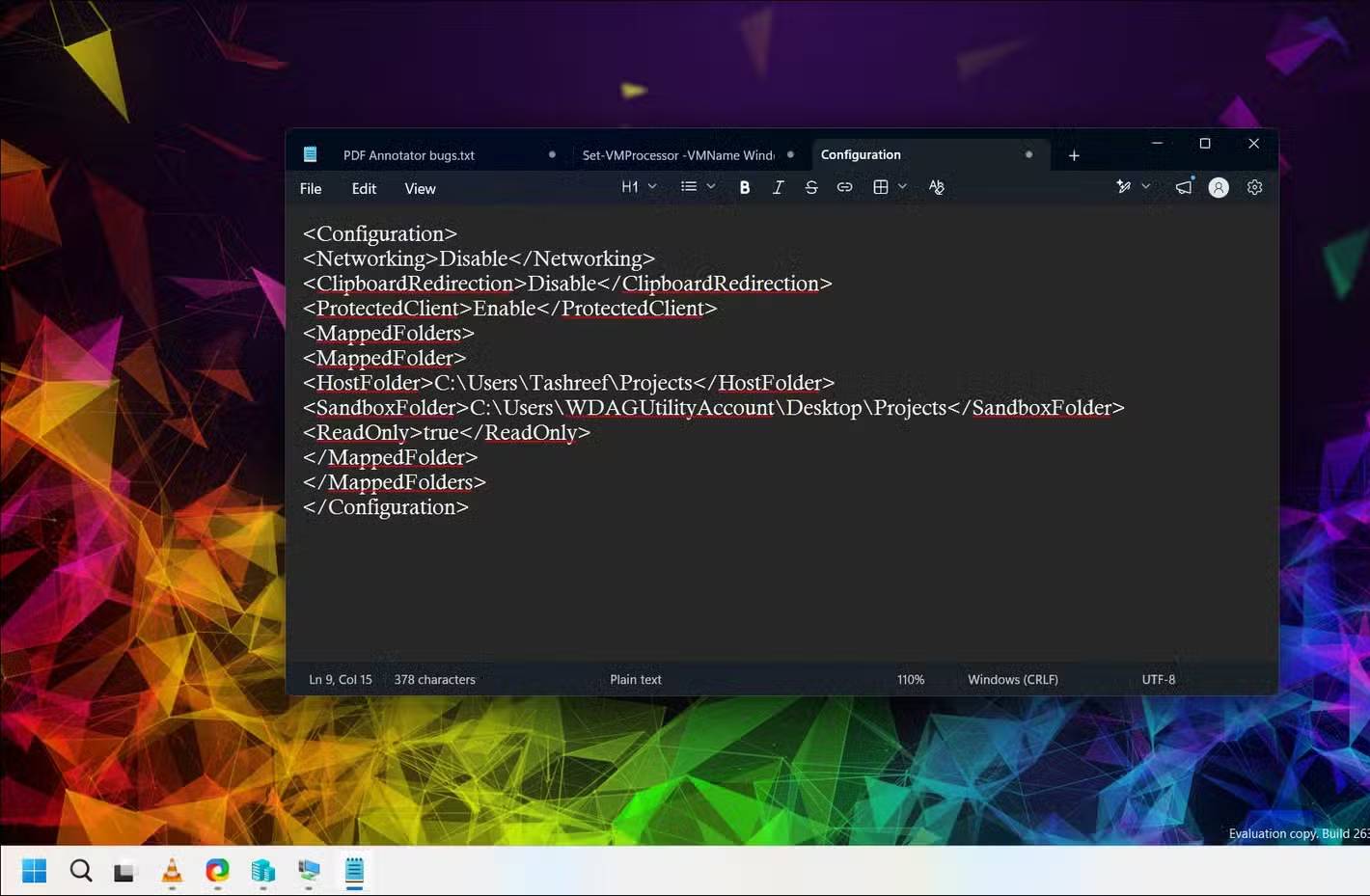File cấu hình XML cho Windows Sandbox với tính năng mạng bị vô hiệu hóa và các thư mục được ánh xạ