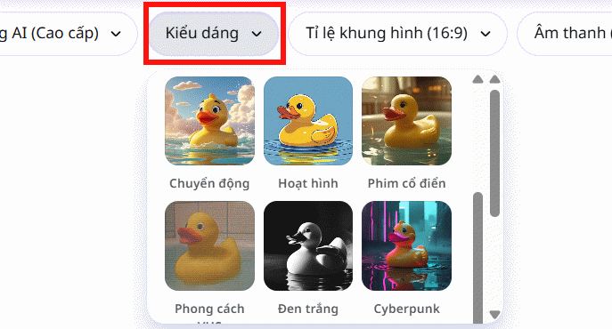 Kiểu dáng cho video AI tạo trên Canva