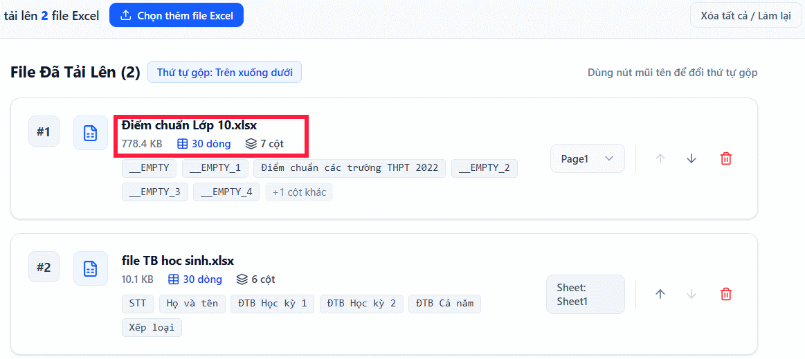 Thông tin file tải lên ExcelMerger Pro