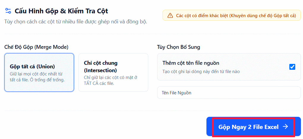 Thực hiện gộp file trên ExcelMerger Pro