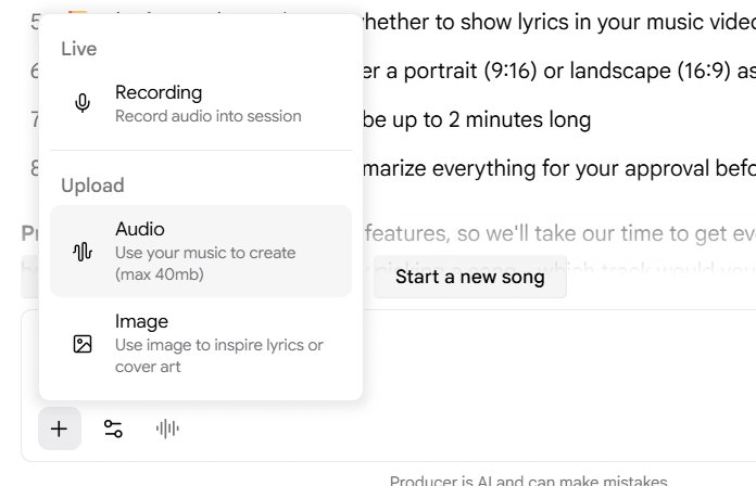 Tùy chọn tải nhạc lên trên Google Flow Music