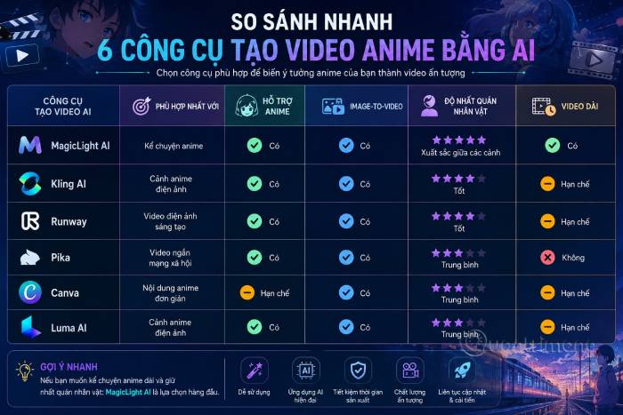 Bảng so sánh tổng quan các công cụ AI tạo video Anime nổi bật nhất