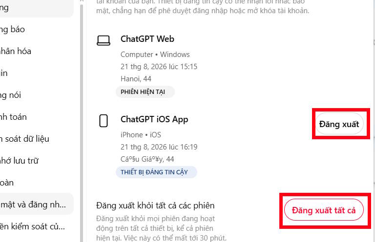 Đăng xuất ChatGPT từ xa trên máy tính