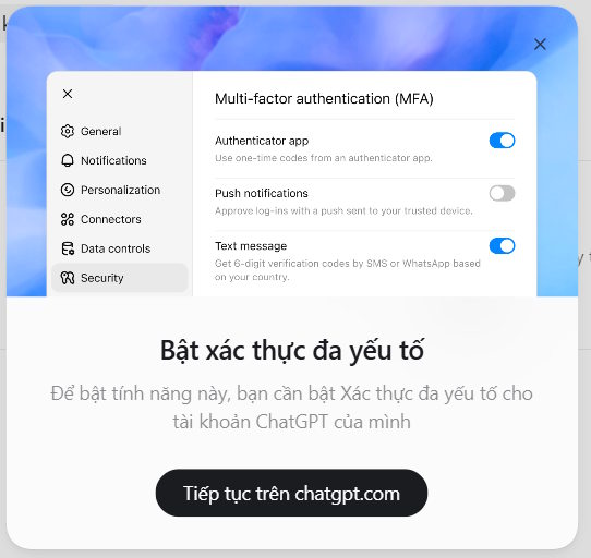 Bật xác thực 2 yếu tố ChatGPT