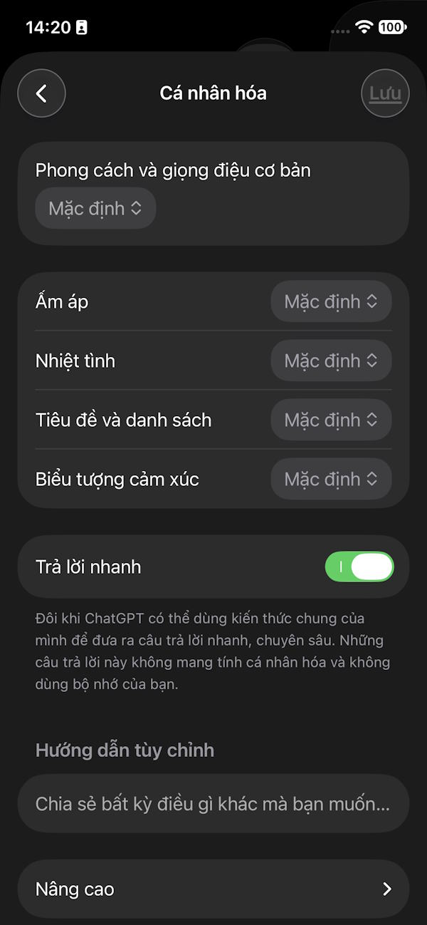 Thiết lập trên ChatGPT
