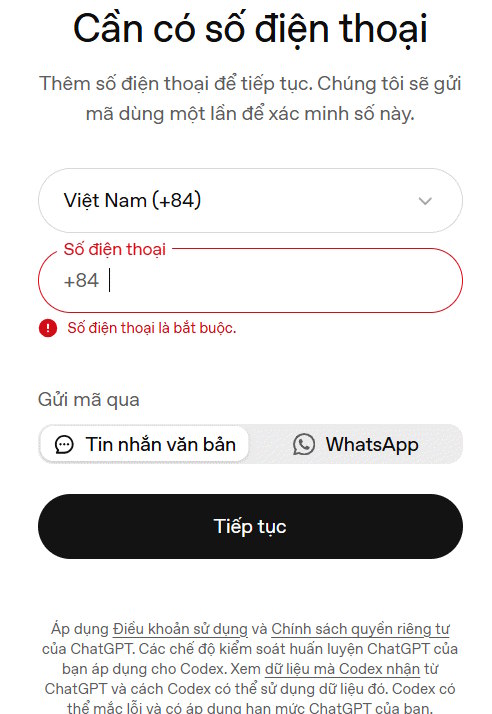 Nhập số điện thoại tài khoản ChatGPT