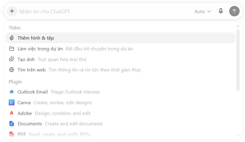 Tùy chọn tải file lên ChatGPT trên Windows