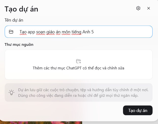 Tên dự án trên ChatGPT trên Windows