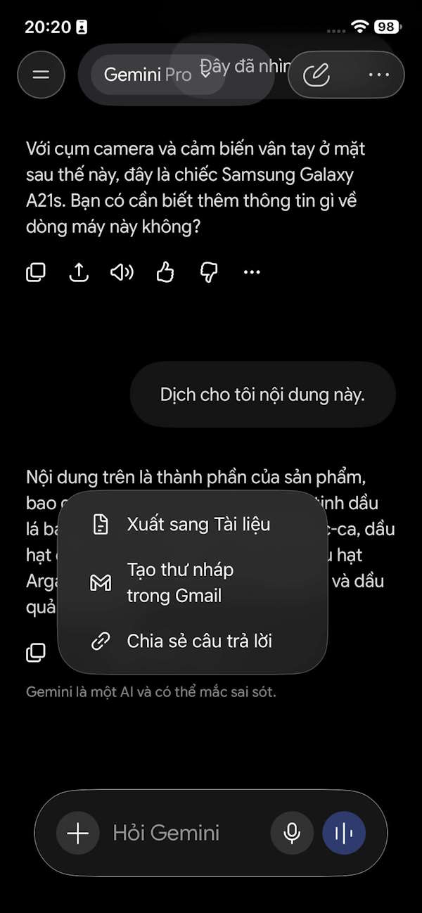 Tải nội dung phản hồi trên Gemini Live