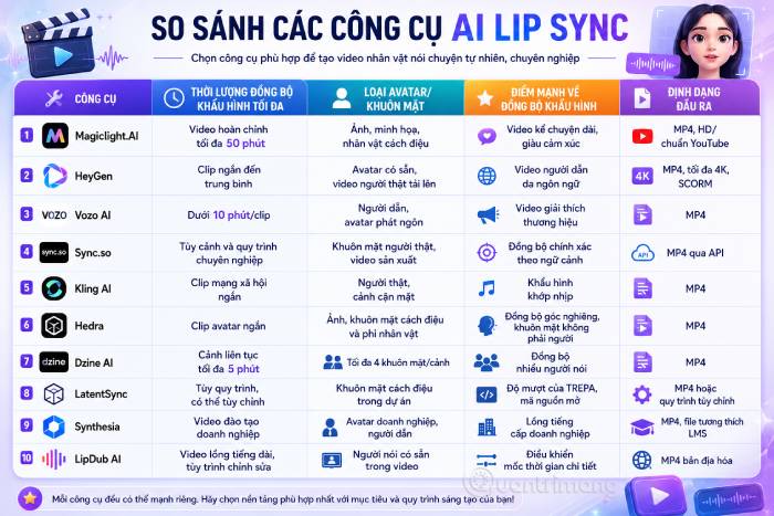 Bảng tổng quan các công cụ AI lip sync nổi bật nhất